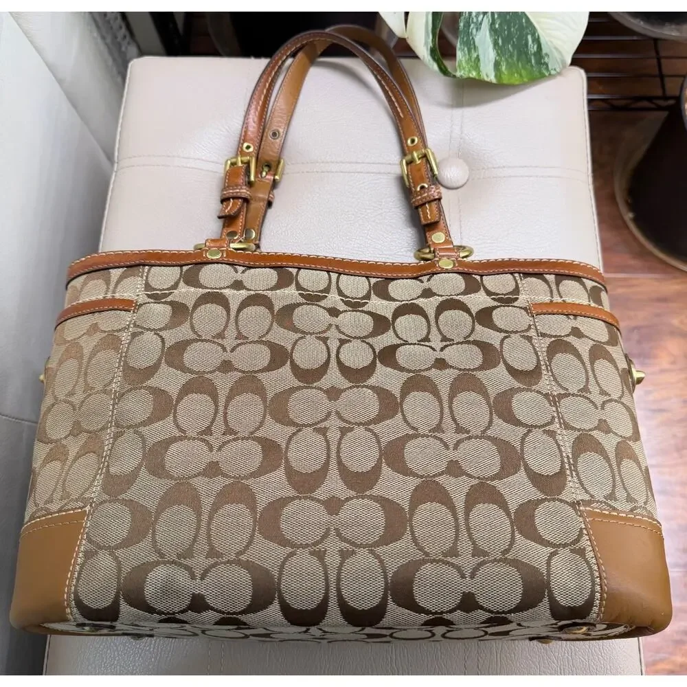 Coach Shoulder Bag Logo Pattern Leather Trim Gold Hardware Pockets